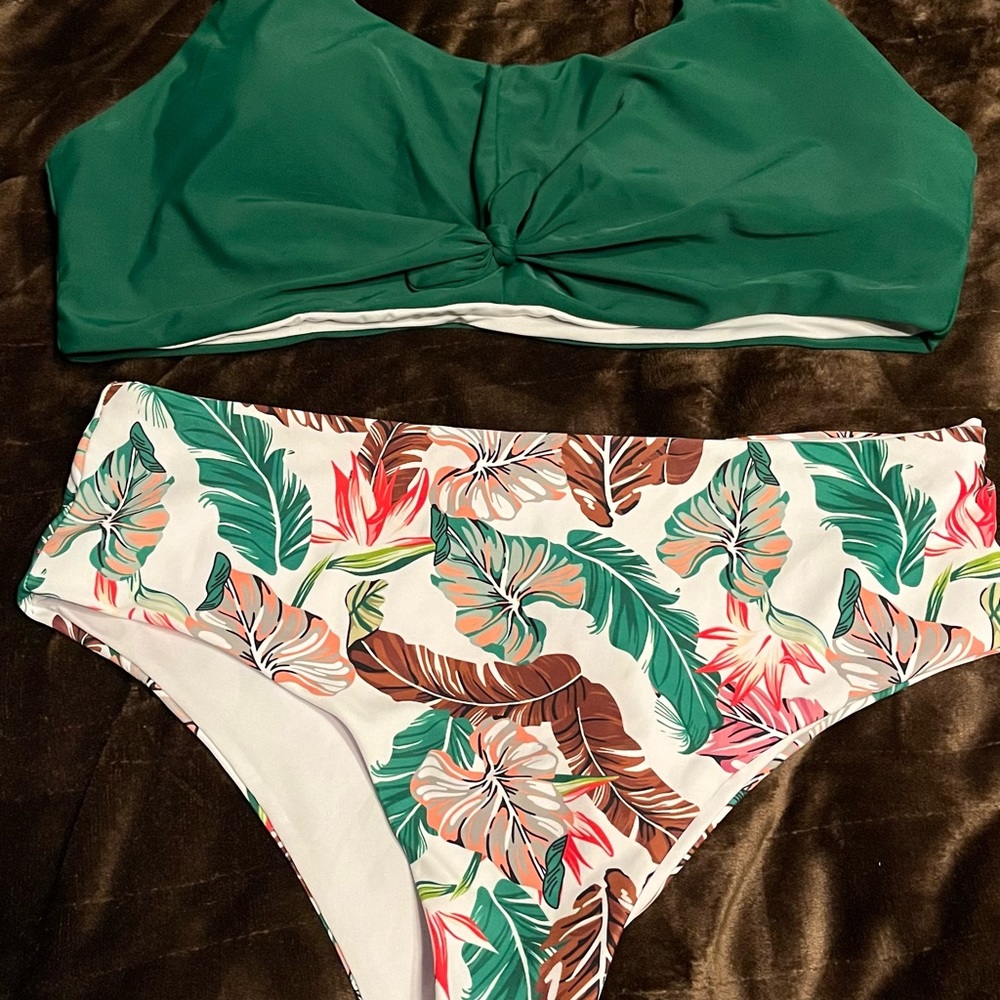 Women's Scoop Neck Knotted Two Piece bikini High Waisted Swimsuit Leaf 2XL Green
